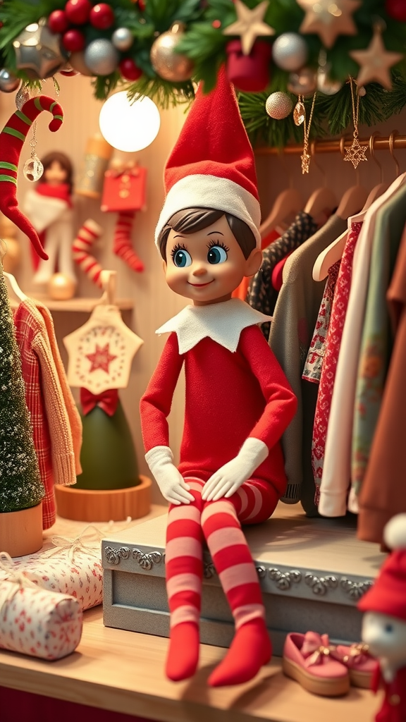 A cheerful elf doll in a red outfit with striped stockings, sitting in a boutique filled with festive decorations and clothing.