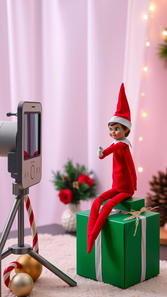 A festive elf posing in front of a camera on a green gift box.