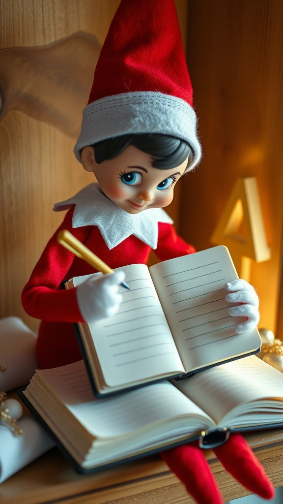 A cheerful elf in a red outfit writing in a diary with a pen.