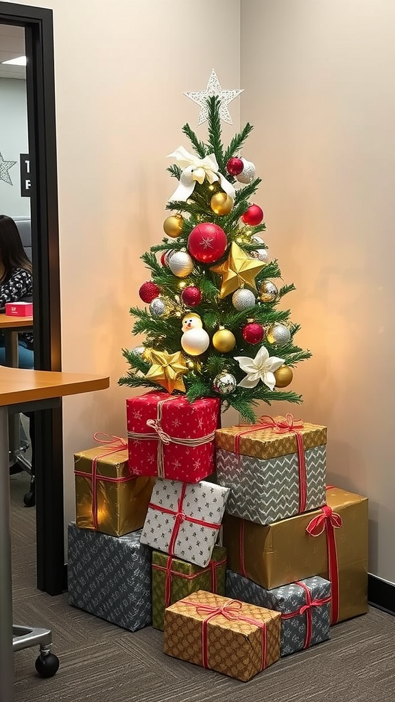 A small Christmas tree adorned with ornaments beside a pile of wrapped presents in an office setting.