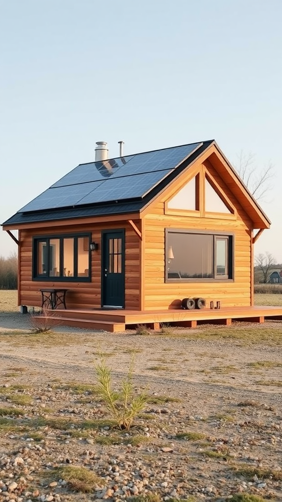 A modern small cabin with solar panels and wooden exterior.