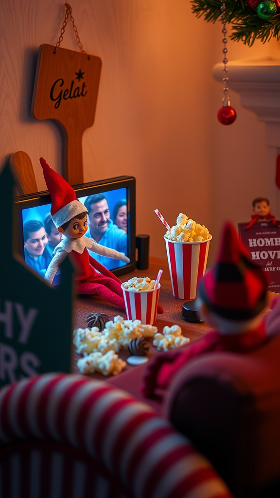 A cozy setting for movie night with an elf doll watching TV, popcorn, and festive decorations.