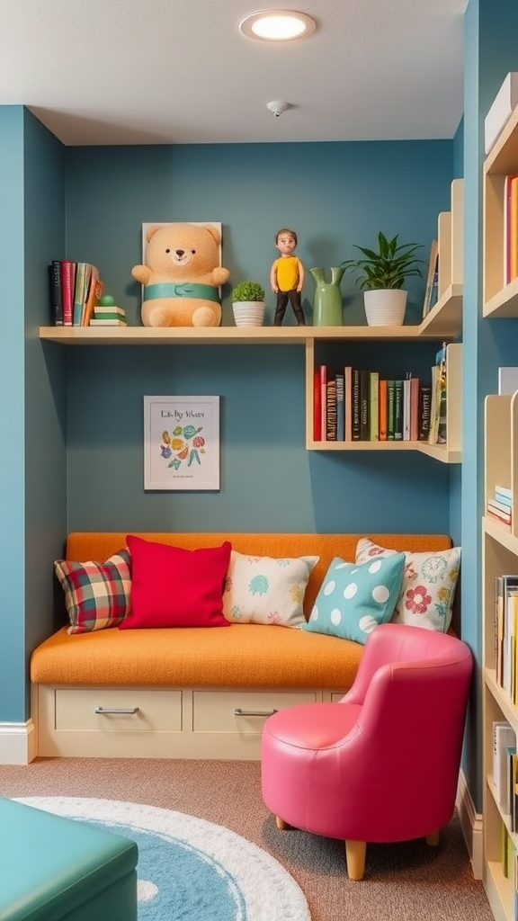 Cozy family space with colorful cushions, a plush bear, and a cheerful atmosphere.