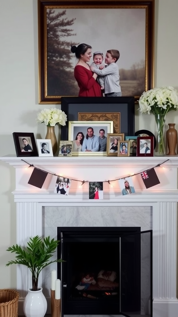 A cozy family photo display on a mantel with various framed pictures and flowers.