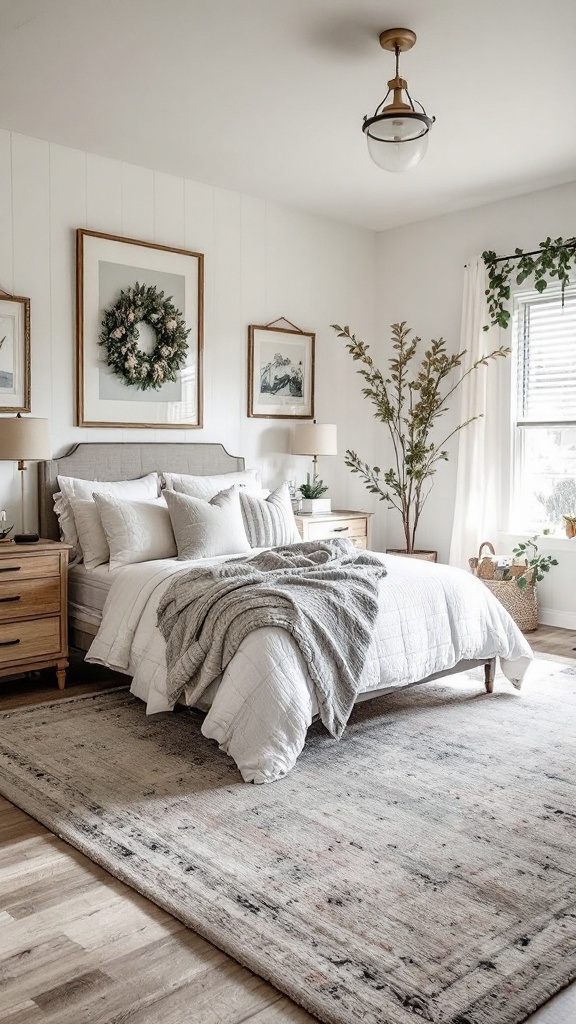 A cozy farmhouse-style bedroom featuring a large area rug, wooden furniture, and soft bedding.