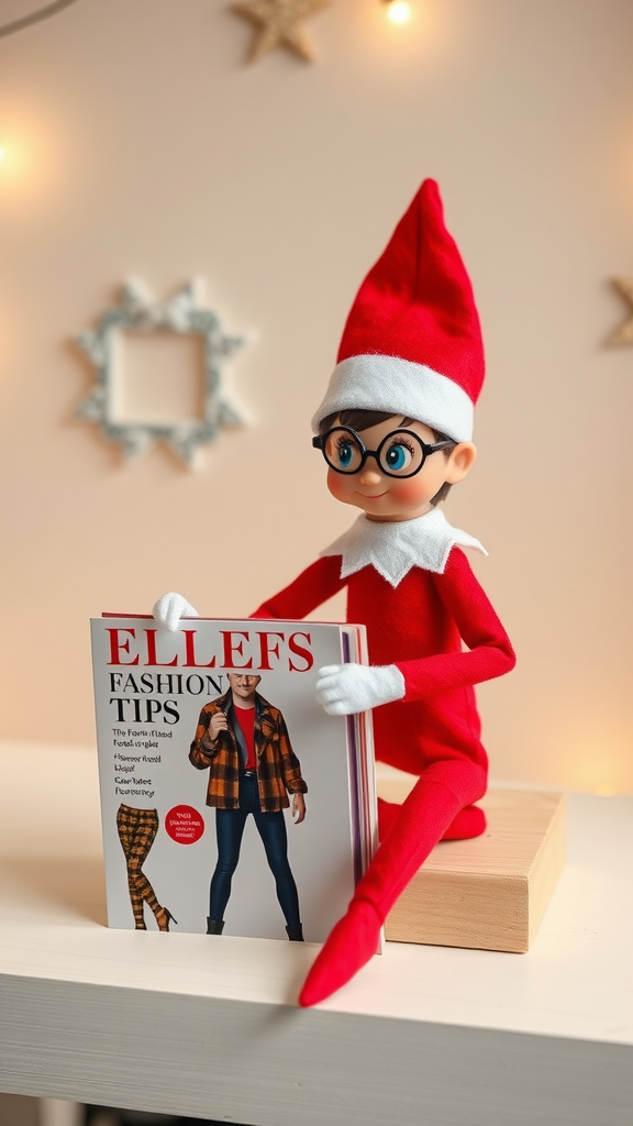 A cheerful elf doll holding a fashion magazine with a festive background.