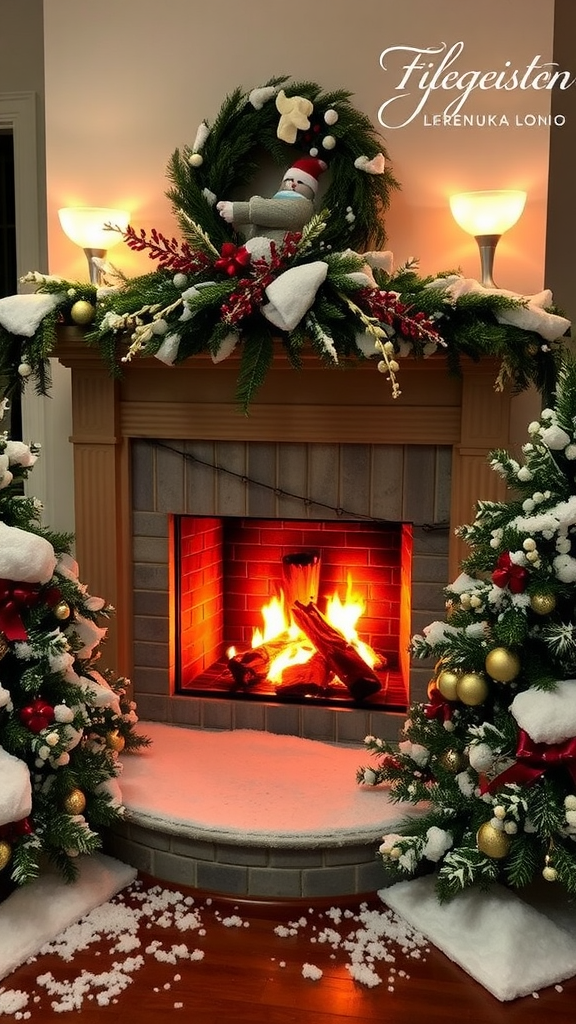 A decorated fireplace with faux snow and winter foliage, creating a cozy winter atmosphere.