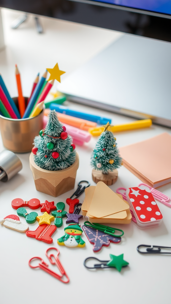 A festive desk setup featuring mini Christmas trees, colorful pencils, and various decorative clips and post-it notes.