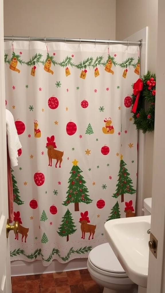 A festive shower curtain with reindeer, Christmas trees, and ornaments in a bathroom setting.