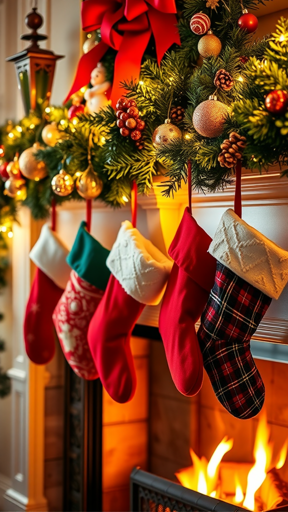 Colorful Christmas stockings hanging on a decorated mantle with a warm fire glowing beneath.