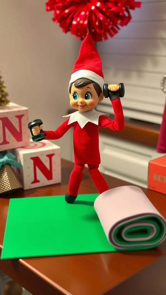 A cheerful elf in a red outfit lifting dumbbells on a yoga mat surrounded by Christmas decorations.