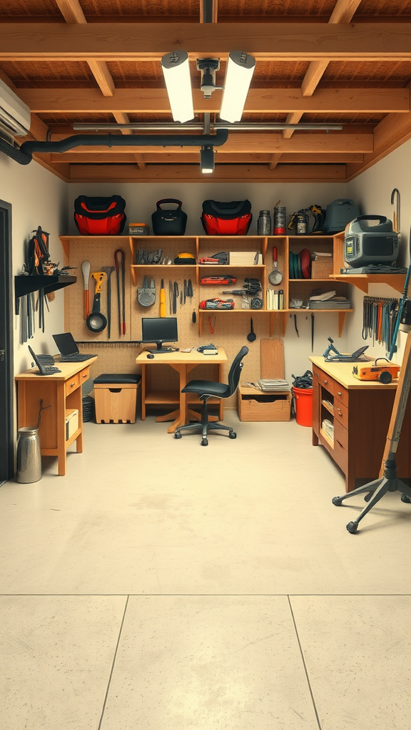 A well-organized tiny garage workshop with tools, desks, and storage.