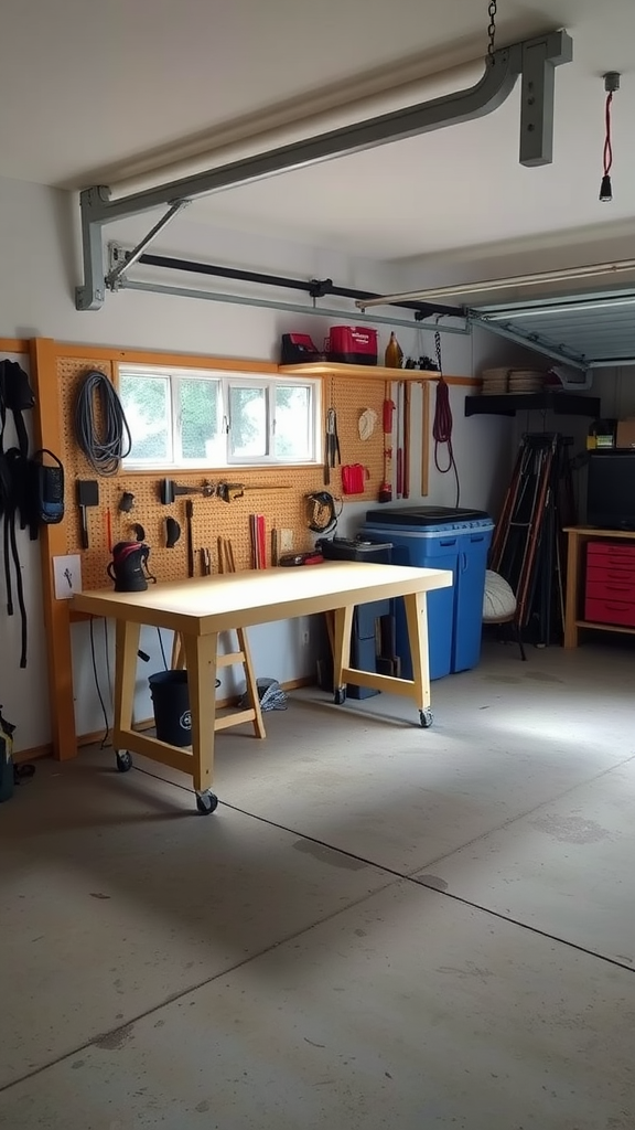 A neatly organized garage featuring a foldable workbench, tools, and storage.