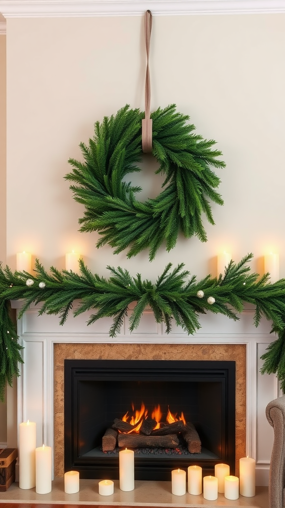 A fresh evergreen wreath hangs above a fireplace decorated with candles.