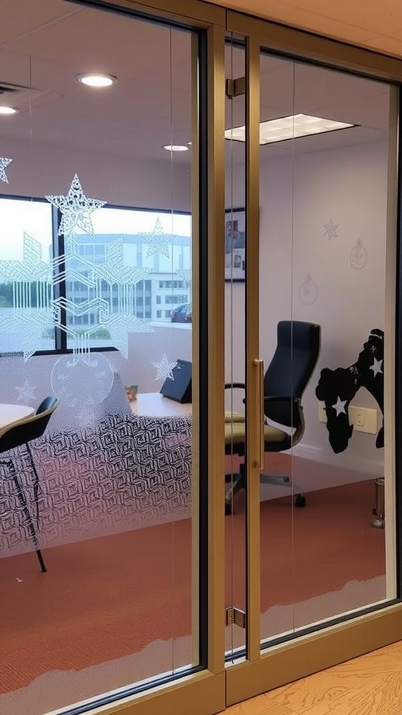 Frosted glass doors with decorative designs in an office setting