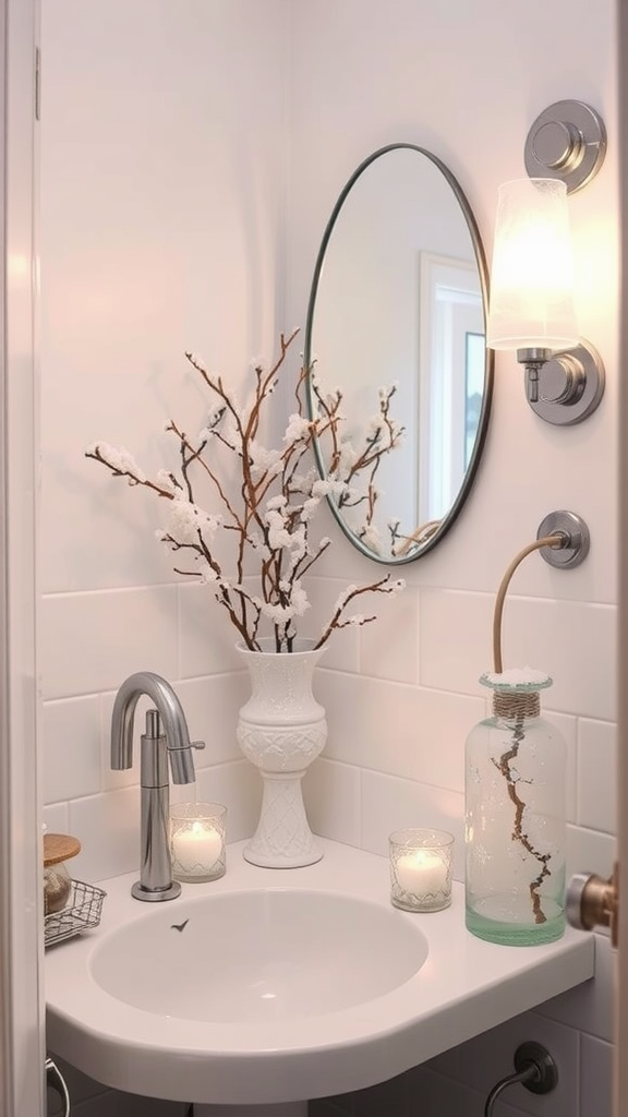 A stylish bathroom with frosted glass elements, a simple sink, and decorative candles.