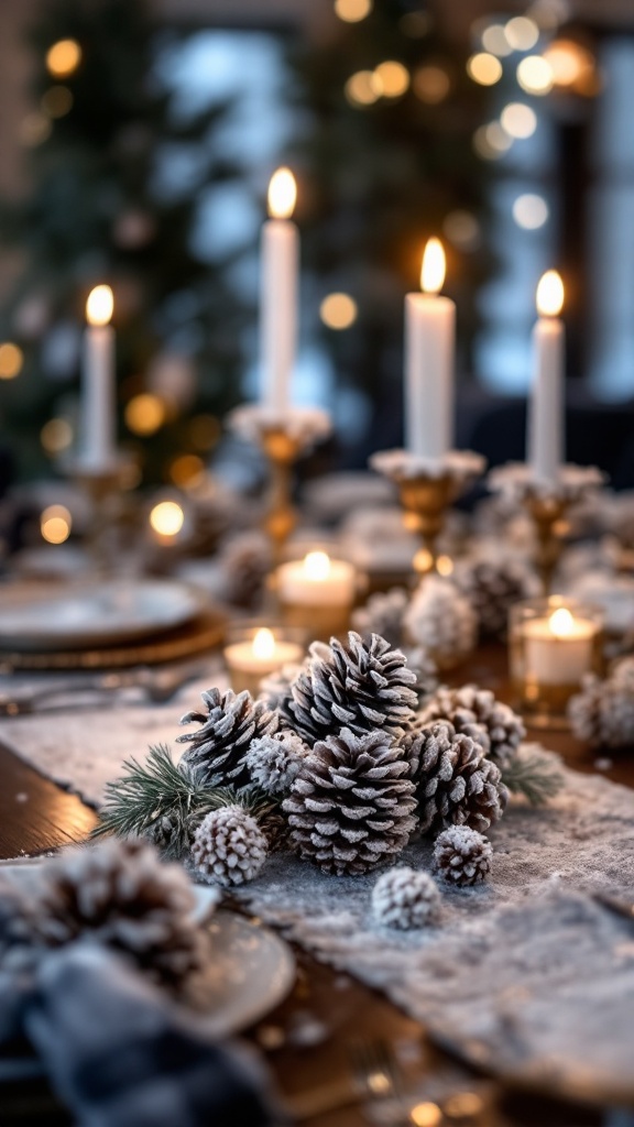 A cozy Christmas table setting featuring frosted pinecones, candles, and a festive atmosphere.