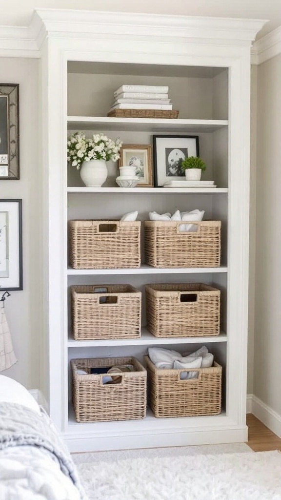 A neatly organized bookshelf with wicker baskets, books, and decorative items.