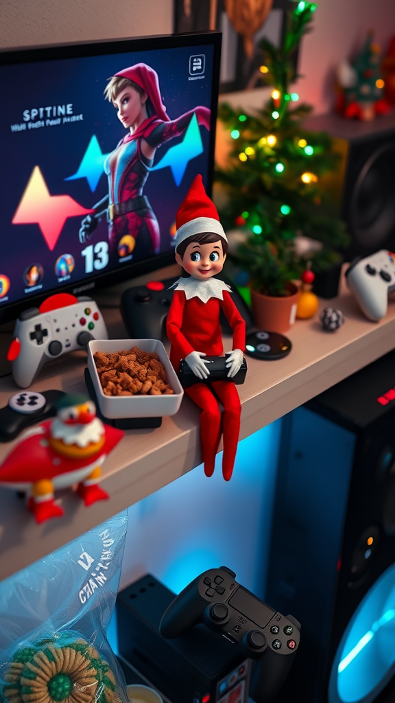 A cozy gaming setup with a cheerful elf figure, gaming consoles, snacks, and a colorful background.