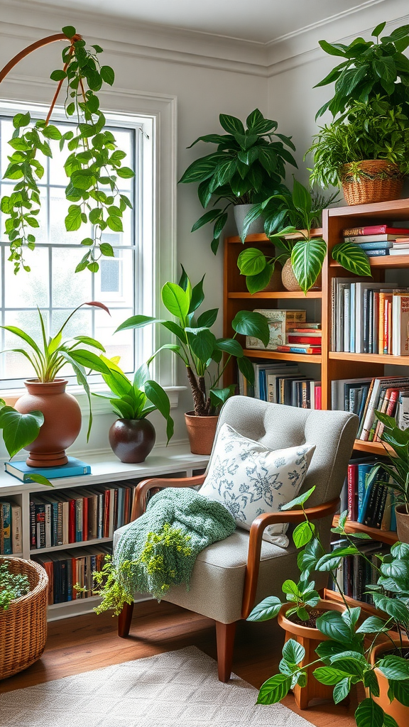 Cozy indoor space filled with various indoor plants and a comfortable chair.