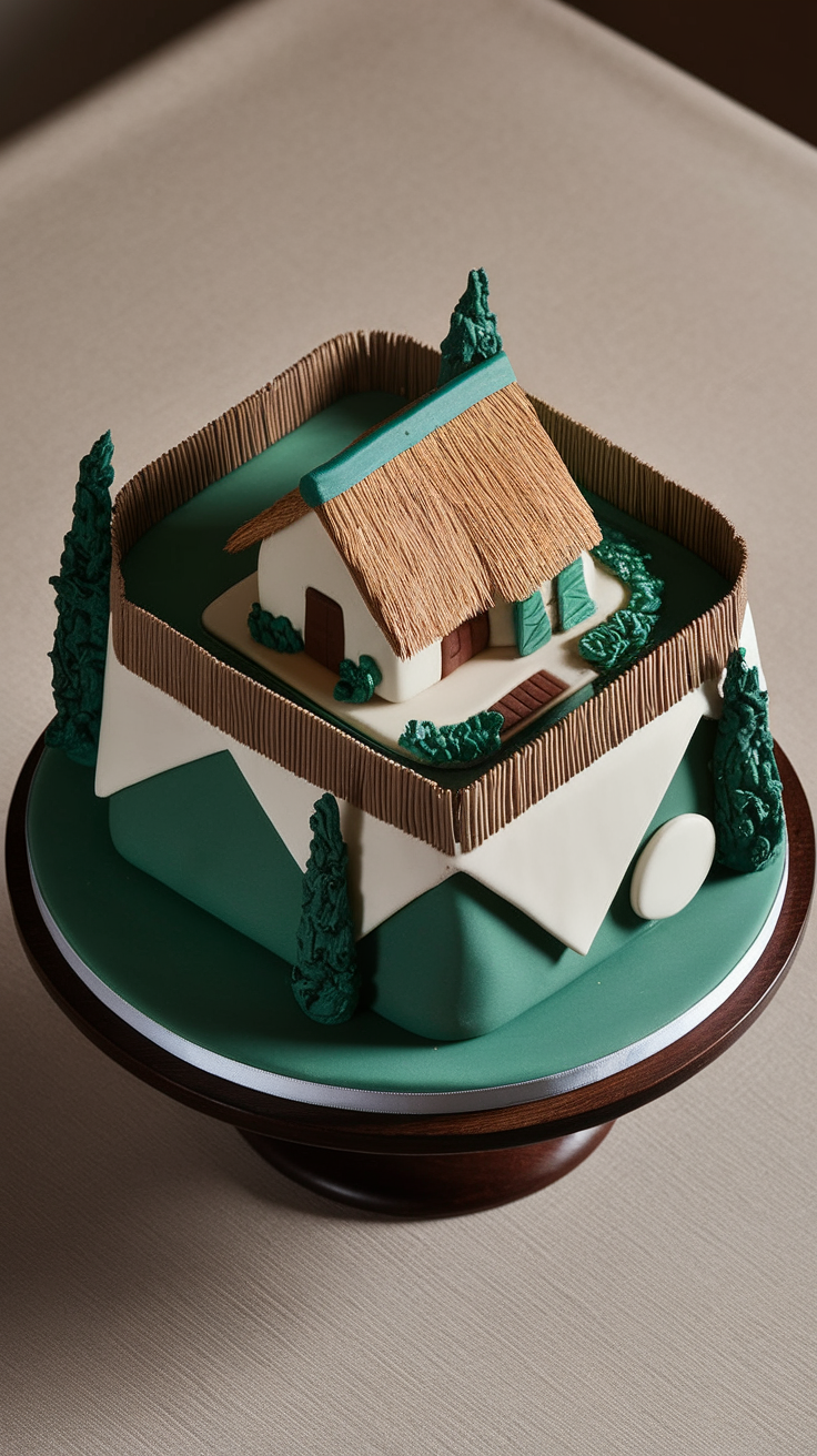 A geometric house cake featuring a miniature house with a thatched roof, surrounded by decorative green trees and a fence.