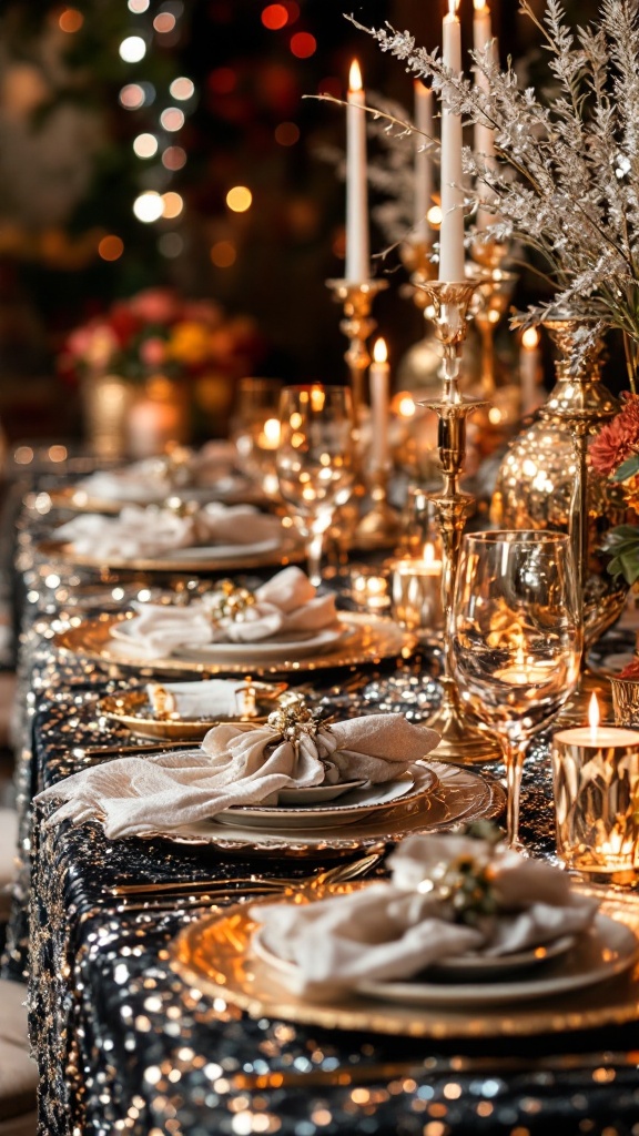 A beautifully set Christmas table with gold accents, glittering decorations, and elegant dinnerware.