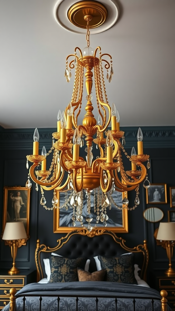 A luxurious black and gold bedroom featuring a beautiful chandelier.