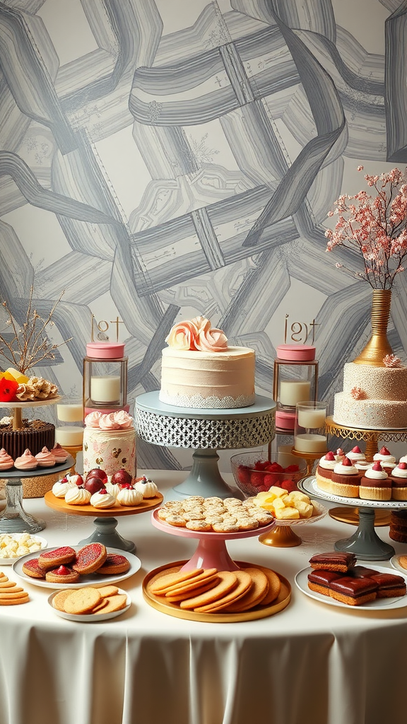 A beautifully arranged gourmet dessert table with an assortment of cakes, cookies, and pastries.