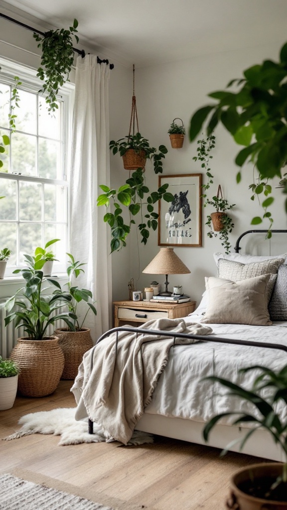 A cozy farmhouse bedroom with various green plants in pots and hanging planters.