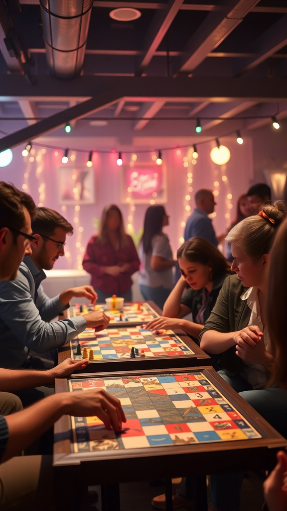 People playing board games at a housewarming party, creating a lively atmosphere.