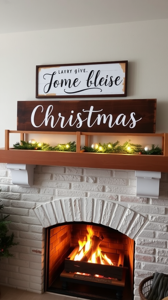 A cozy fireplace with a handcrafted wooden sign that reads 'Christmas' and another sign above it.