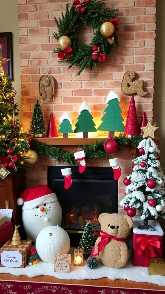 A cozy Christmas scene featuring handmade decorations including a snowman, a bear, and felt Christmas trees by a fireplace.