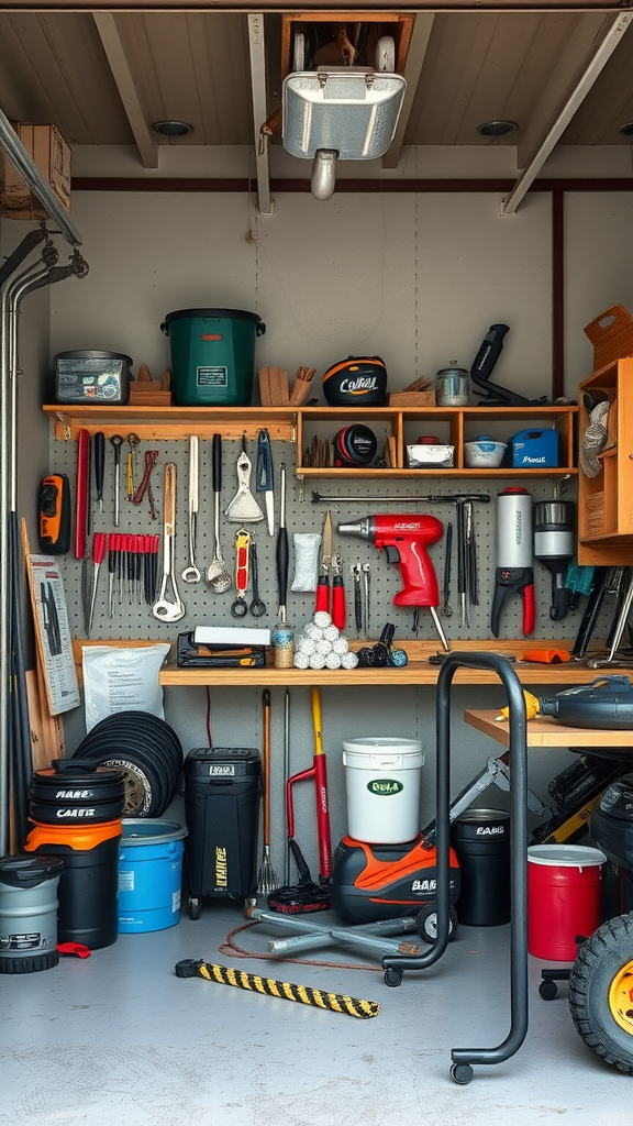 A compact garage workshop with tools organized on a pegboard, showcasing efficient hanging storage solutions.