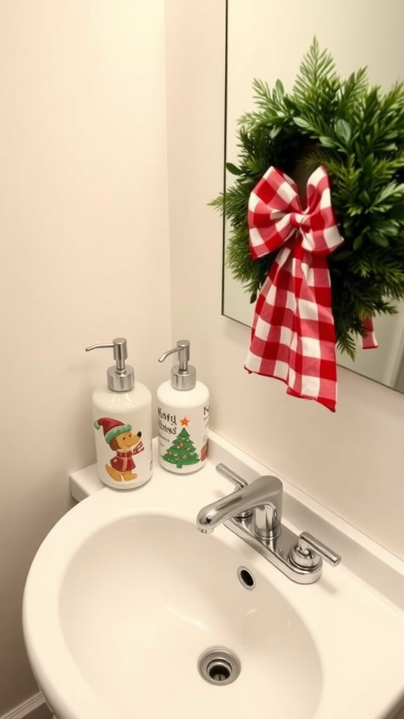 A festive bathroom scene featuring holiday-themed soap dispensers next to a sink.