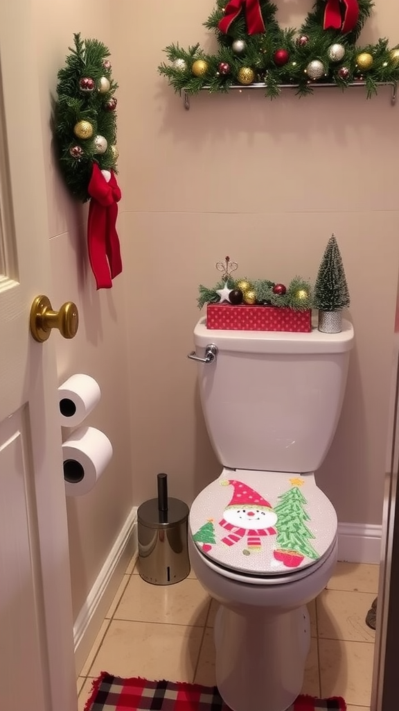 A holiday-themed toilet cover with a snowman and Christmas trees, surrounded by festive decorations.