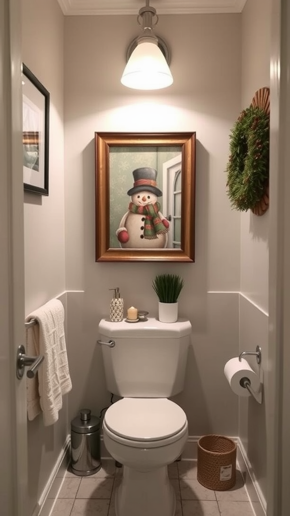 A cozy bathroom with a snowman painting, festive wreath, and simple decorations.