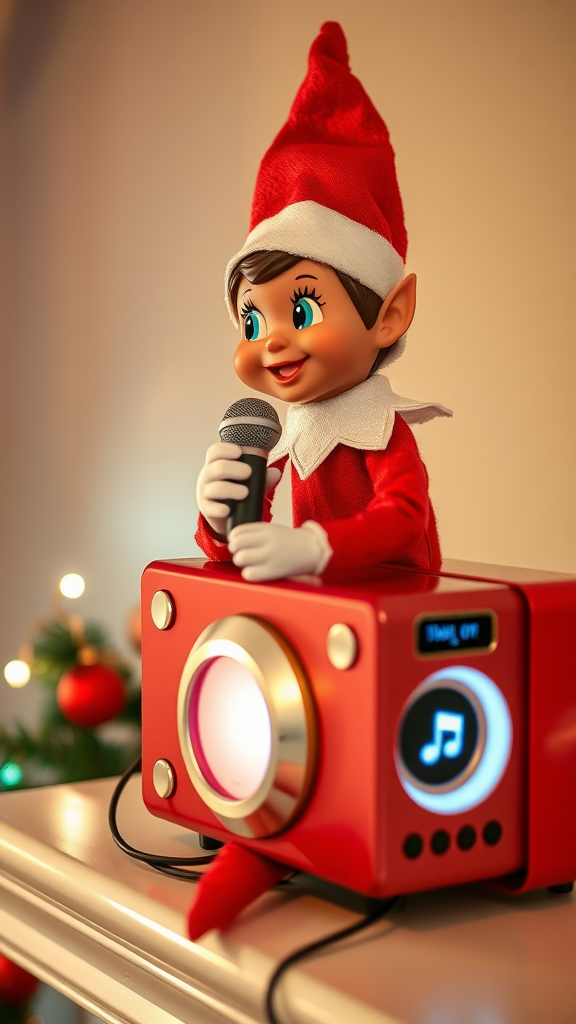 A cheerful elf doll holding a microphone, sitting on a red karaoke machine with festive decorations in the background.