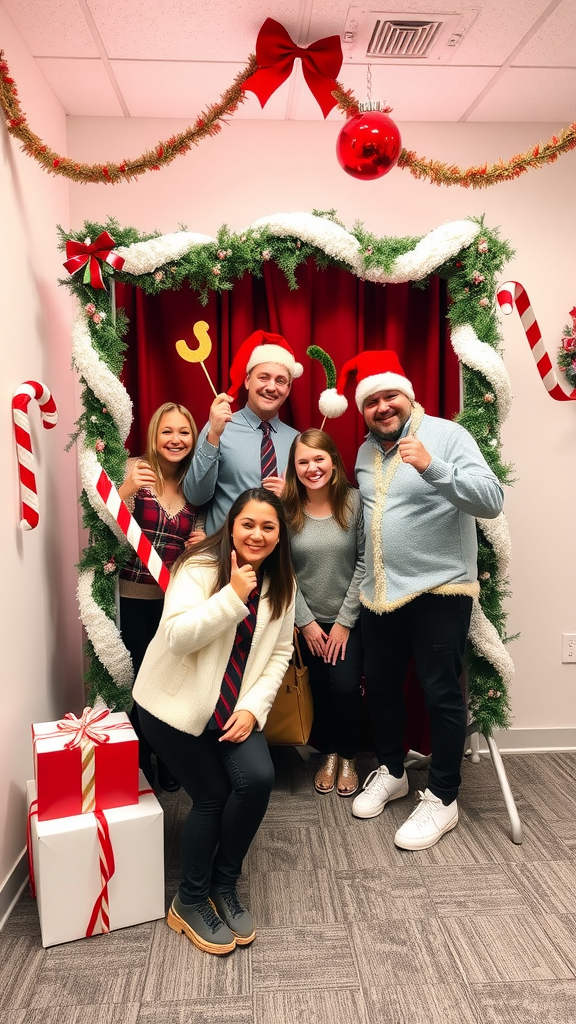 A group of five people posing together in a holiday-themed photo booth, wearing Santa hats and surrounded by festive decorations.