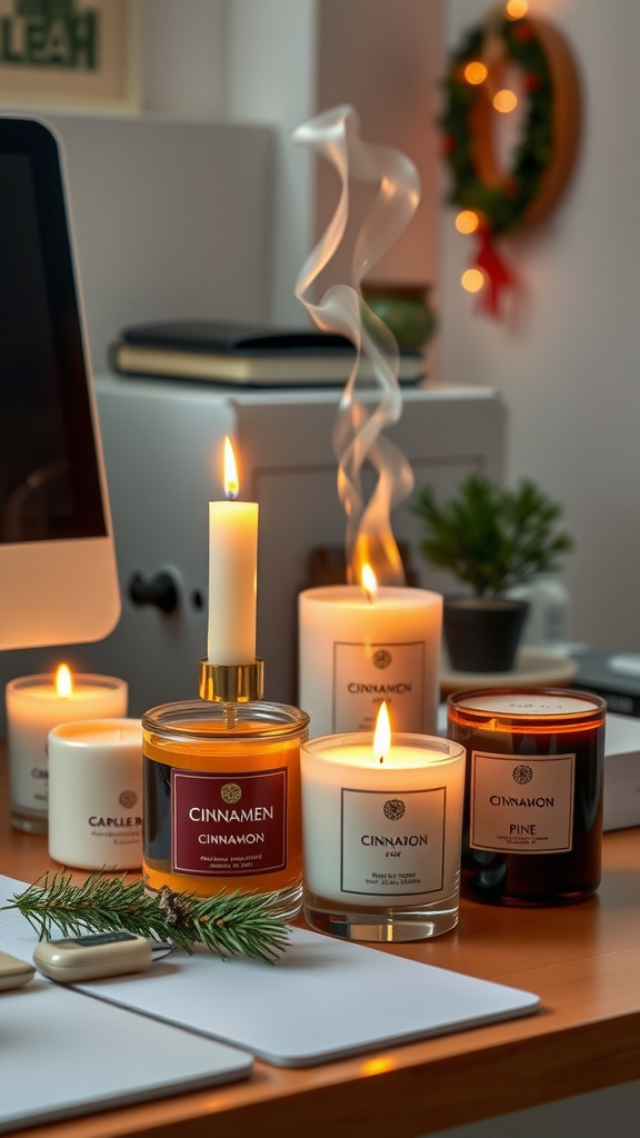 A cozy arrangement of holiday scented candles on a desk, featuring cinnamon and pine scents, with a festive wreath in the background.