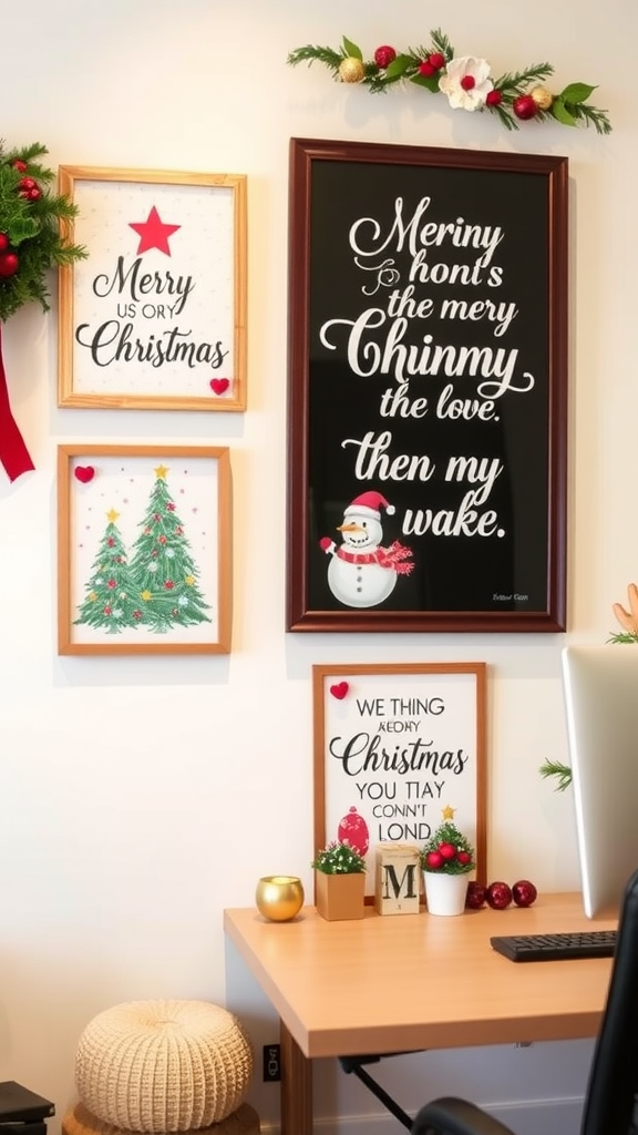 A cozy display of holiday-themed wall art featuring Christmas greetings and decorations.