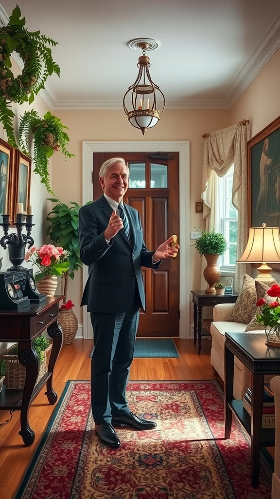 A man smiling in a well-decorated entryway of a home, welcoming guests.