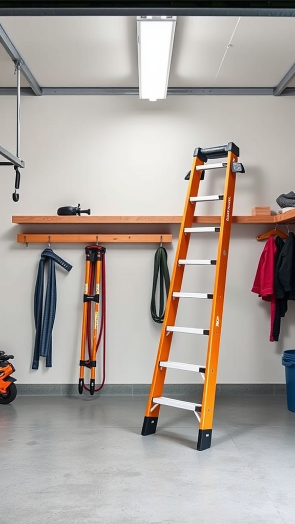 A folding ladder stored in a small garage with tools and equipment organized.