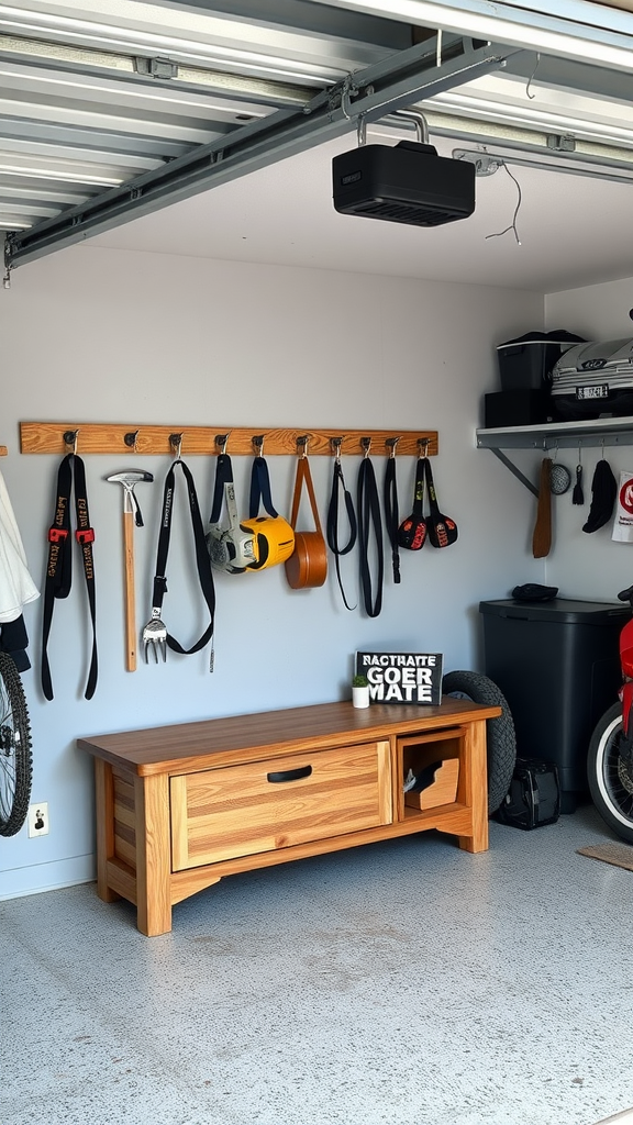 A well-organized garage with a multi-functional wooden bench and tools hanging on the wall.