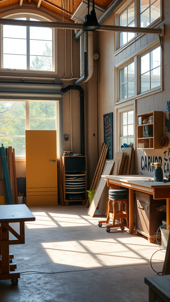 Bright and airy garage workshop with large windows allowing natural light in