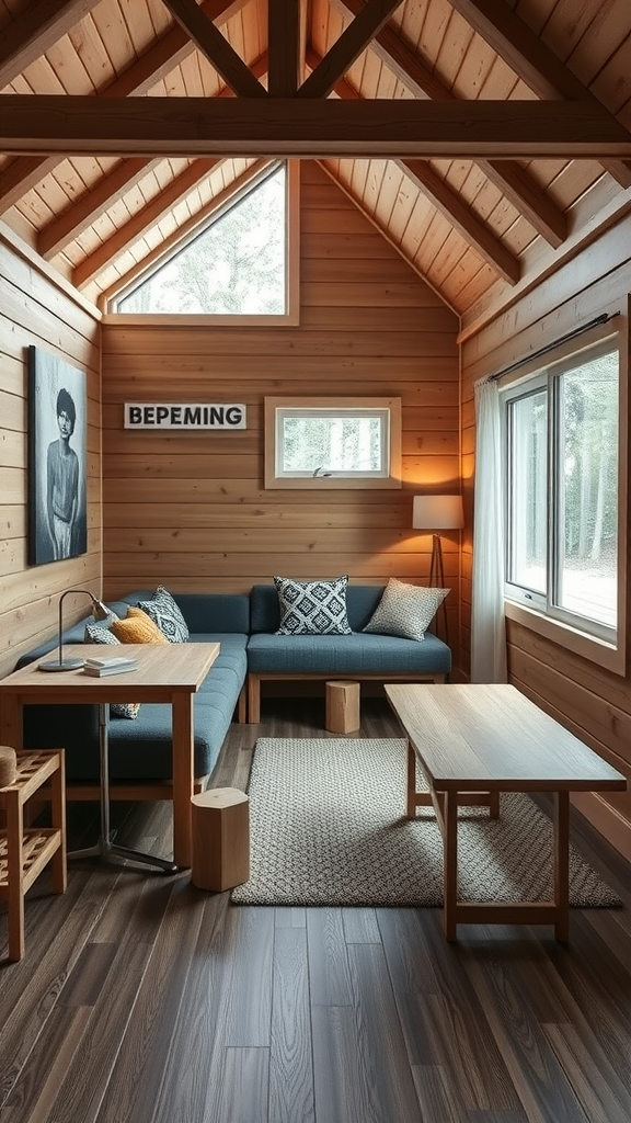 Cozy interior of a modern small cabin with multi-functional furniture.