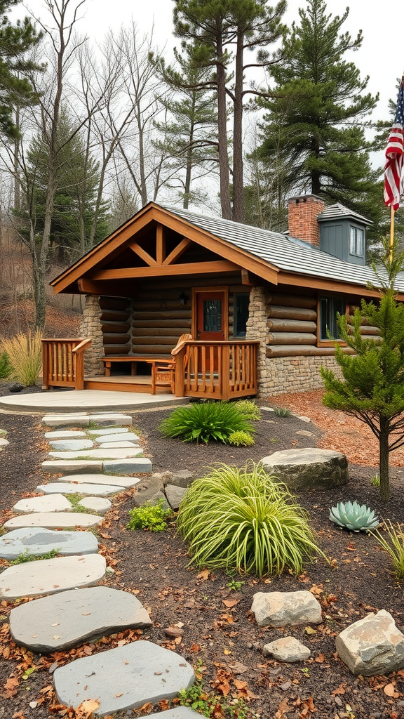 A cozy tiny cabin surrounded by a landscaped garden with stone pathways and greenery.