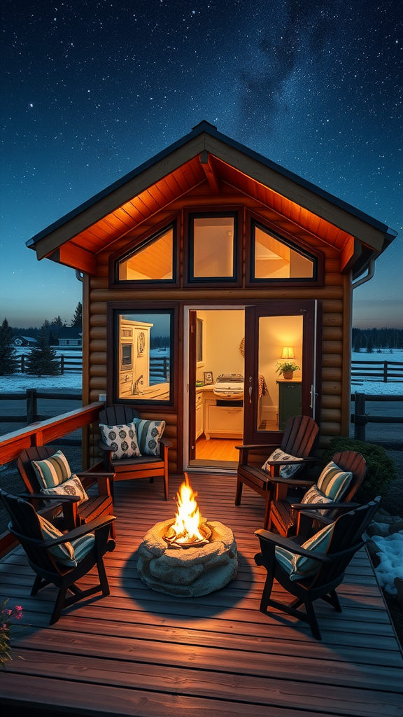 A cozy cabin with a fire pit and outdoor seating area under a starry sky.