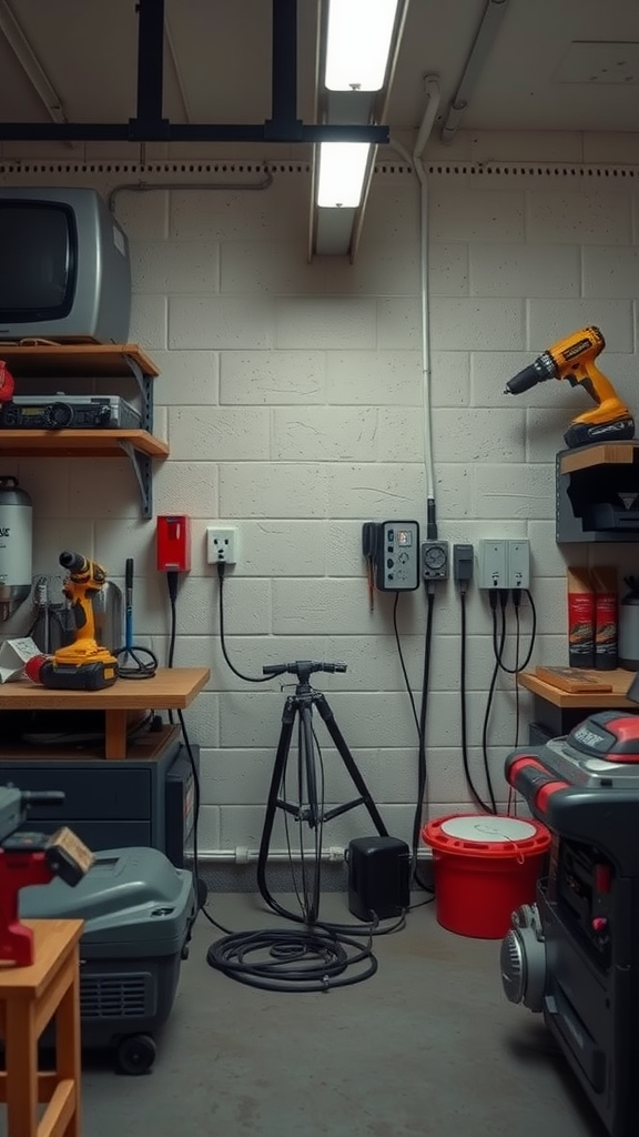 A small garage workshop showing organized tools and multiple electrical outlets.