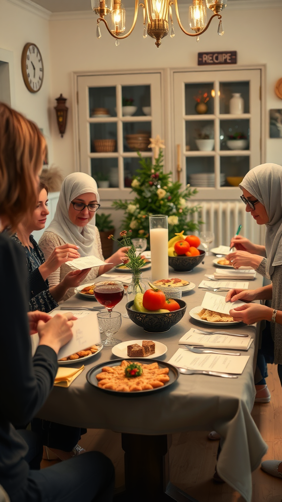 A group of women participating in a recipe exchange at a dinner table with various dishes and drinks.