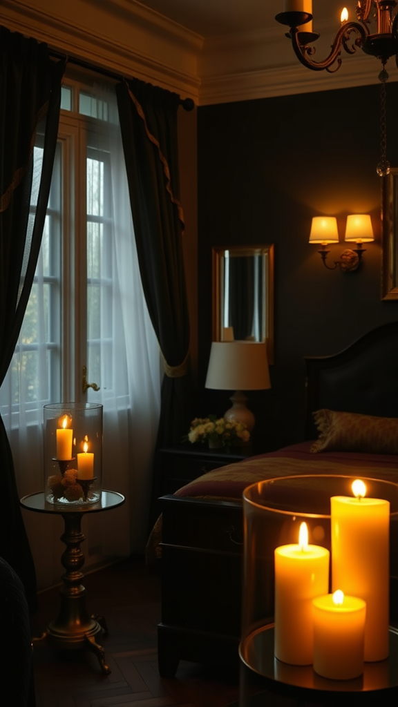 A romantic black and gold bedroom featuring soft candle lighting and elegant decor.